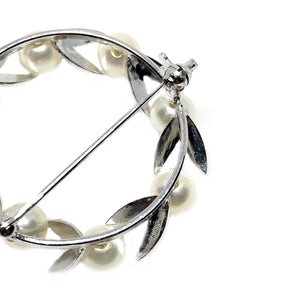 Wreath Large Leaf Japanese Saltwater Akoya Pearl Brooch- Sterling Silver