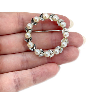Milgrain Vintage Wreath Leaf Japanese Saltwater Akoya Pearl Brooch Large Pin- Sterling Silver