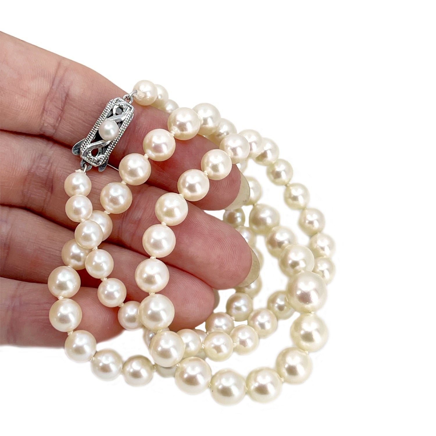 Rare Vintage Mikimoto Graduated Japanese Cultured Akoya Pearl Beaded Strand - Sterling Silver 19 Inch