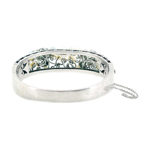 Grape Art Nouveau Engraved Japanese Saltwater Blue & White Akoya Cultured Pearl Bracelet- Sterling Silver