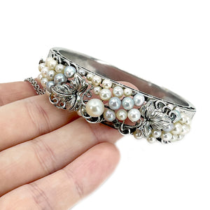 Grape Art Nouveau Engraved Japanese Saltwater Blue & White Akoya Cultured Pearl Bracelet- Sterling Silver