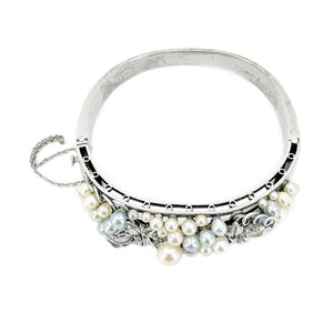 Grape Art Nouveau Engraved Japanese Saltwater Blue & White Akoya Cultured Pearl Bracelet- Sterling Silver