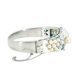Grape Art Nouveau Engraved Japanese Saltwater Blue & White Akoya Cultured Pearl Bracelet- Sterling Silver