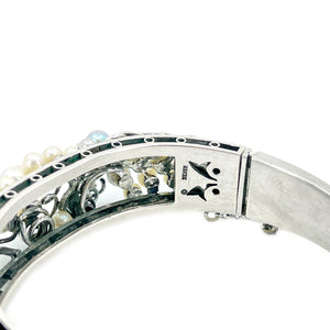 Grape Art Nouveau Engraved Japanese Saltwater Blue & White Akoya Cultured Pearl Bracelet- Sterling Silver