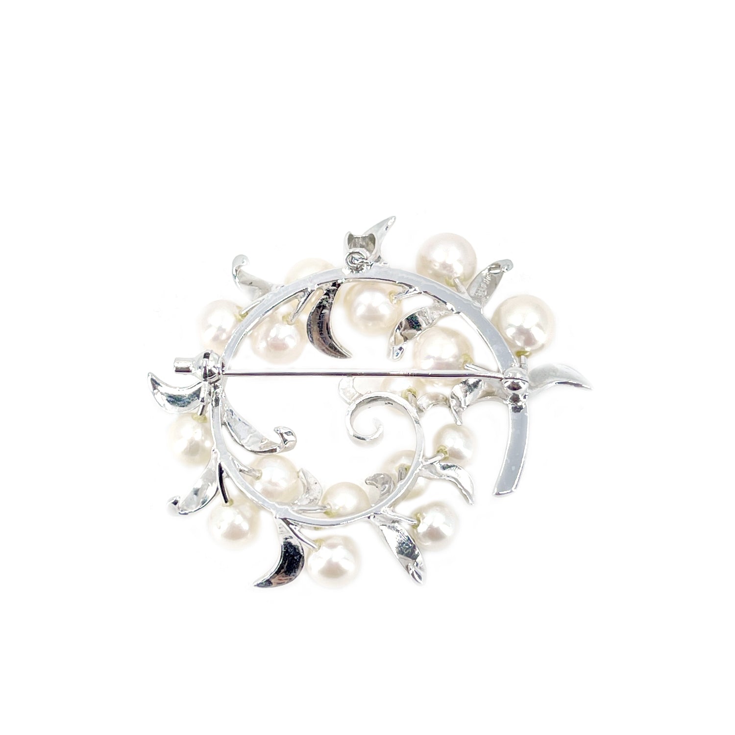 Wreath Leaf Swirl Japanese Saltwater Akoya Cultured Pearl Brooch Pendant- Sterling Silver