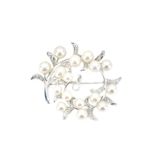 Wreath Leaf Swirl Japanese Saltwater Akoya Cultured Pearl Brooch Pendant- Sterling Silver