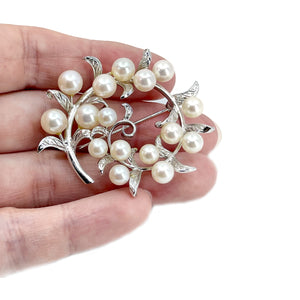 Wreath Leaf Swirl Japanese Saltwater Akoya Cultured Pearl Brooch Pendant- Sterling Silver