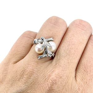 Vintage Floral Double Leaf Japanese Saltwater Akoya Cultured Pearl Ring- Sterling Silver Sz 6 1/2