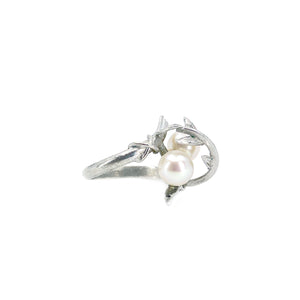 Vintage Floral Double Leaf Japanese Saltwater Akoya Cultured Pearl Ring- Sterling Silver Sz 6 1/2