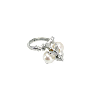 Vintage Floral Double Leaf Japanese Saltwater Akoya Cultured Pearl Ring- Sterling Silver Sz 6 1/2