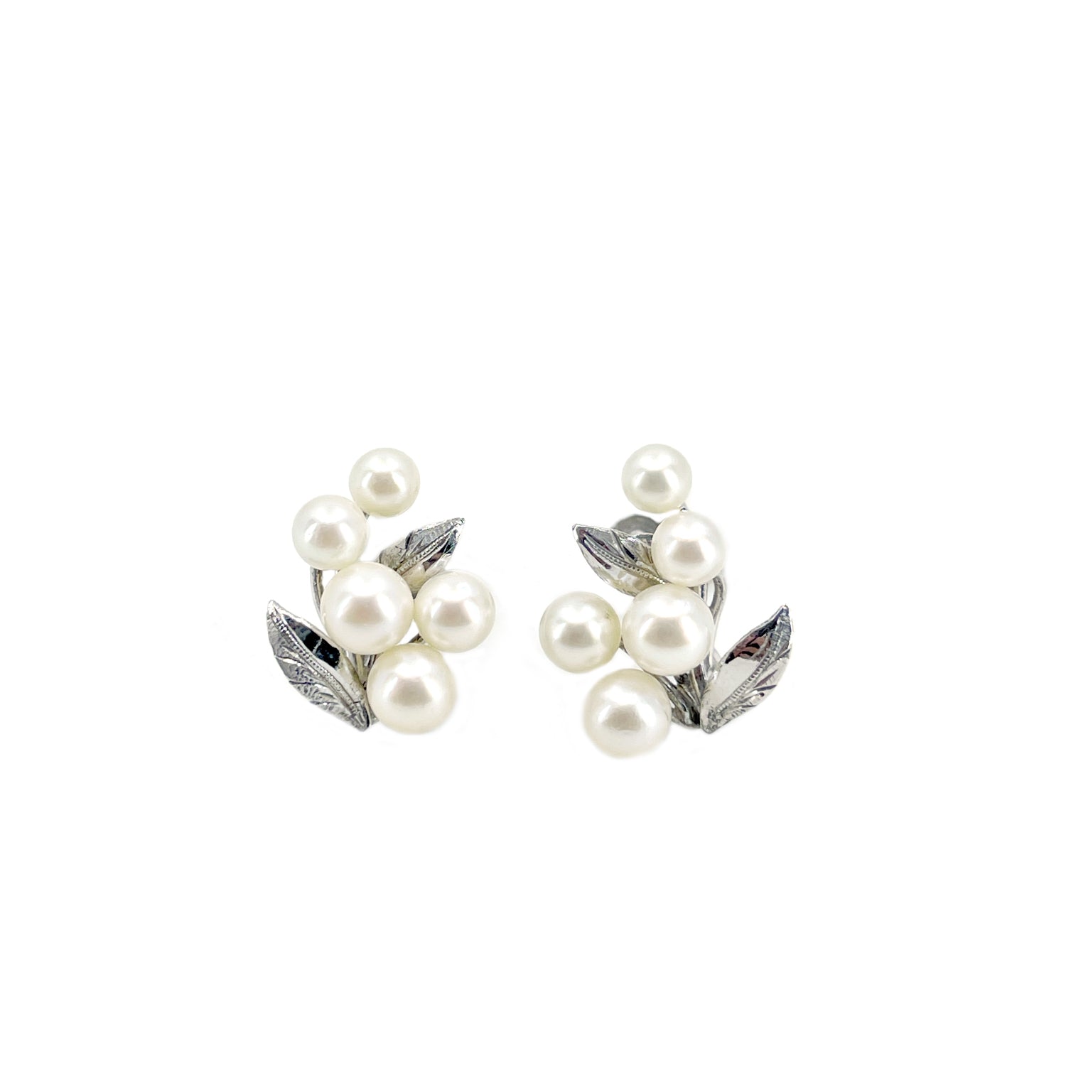 Leaf Milgrain Akoya Saltwater Japanese Cultured Pearl Vintage Screwback Earrings- Sterling Silver