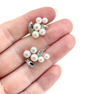 Leaf Milgrain Akoya Saltwater Japanese Cultured Pearl Vintage Screwback Earrings- Sterling Silver