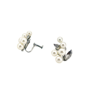 Leaf Milgrain Akoya Saltwater Japanese Cultured Pearl Vintage Screwback Earrings- Sterling Silver