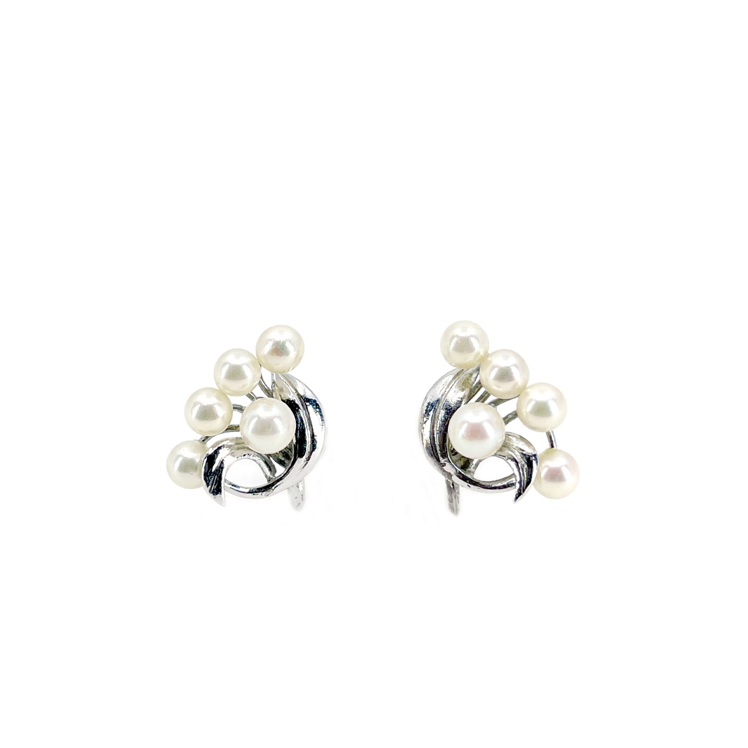 Swirl Modernist Akoya Saltwater Japanese Cultured Pearl Vintage Screwback Earrings- Sterling Silver
