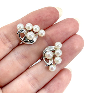 Swirl Modernist Akoya Saltwater Japanese Cultured Pearl Vintage Screwback Earrings- Sterling Silver