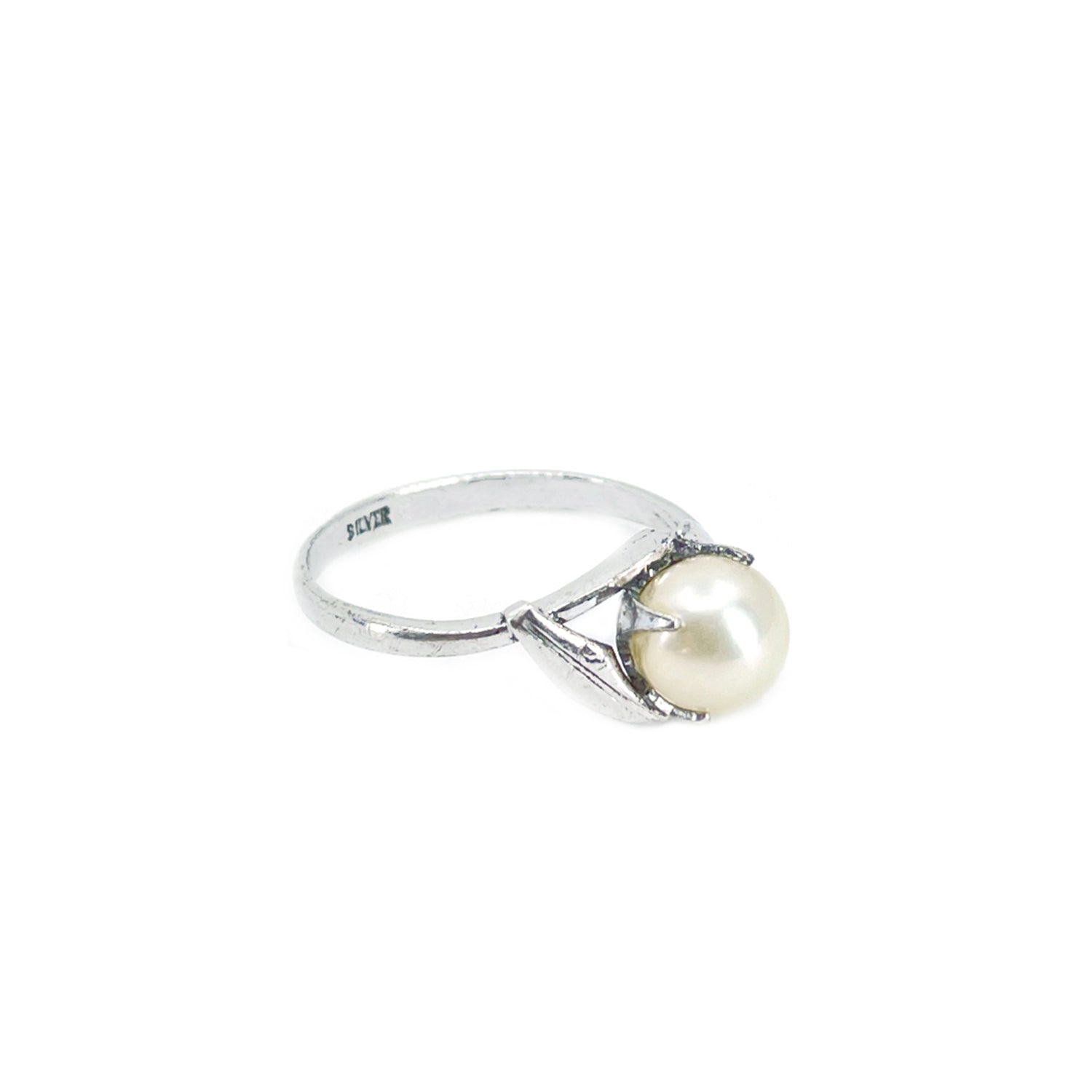 Botanical Leaf Japanese Saltwater Akoya Cultured Pearl Ring- Sterling Silver Sz 6 1/4