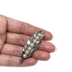 Engraved Nouveau Japanese Cultured Saltwater Akoya Pearl Brooch- Sterling Silver