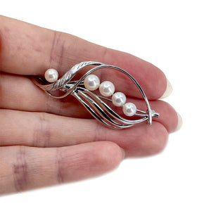 Modern Leaf Japanese Saltwater Akoya Cultured Pearl Vintage Brooch Pendant- Sterling Silver