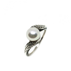 Leaf Japanese Saltwater Cultured Akoya Pearl Ring- Sterling Silver Sz 5