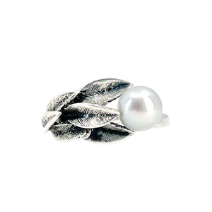 Vintage Blue Japanese Saltwater Akoya Cultured Pearl Leafy Botanical Ring- Sterling Silver Sz 7