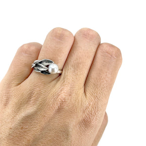Vintage Blue Japanese Saltwater Akoya Cultured Pearl Leafy Botanical Ring- Sterling Silver Sz 7