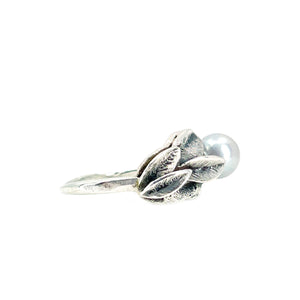 Vintage Blue Japanese Saltwater Akoya Cultured Pearl Leafy Botanical Ring- Sterling Silver Sz 7