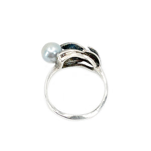 Vintage Blue Japanese Saltwater Akoya Cultured Pearl Leafy Botanical Ring- Sterling Silver Sz 7