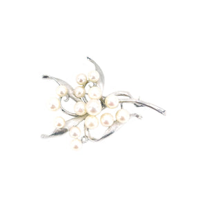 Floral Modernist Japanese Saltwater Akoya Vintage Cultured Pearl Brooch- Sterling Silver