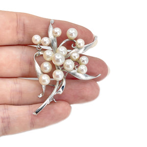 Floral Modernist Japanese Saltwater Akoya Vintage Cultured Pearl Brooch- Sterling Silver
