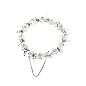 Vintage Leafy Link Japanese Saltwater Akoya Cultured Pearl Bracelet- Sterling Silver