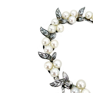 Vintage Leafy Link Japanese Saltwater Akoya Cultured Pearl Bracelet- Sterling Silver