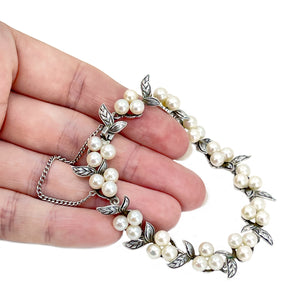 Vintage Leafy Link Japanese Saltwater Akoya Cultured Pearl Bracelet- Sterling Silver