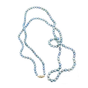 Flapper Blue Japanese Saltwater Akoya Cultured Pearl Opera Graduated Necklace - 14K Yellow Gold 49 Inch