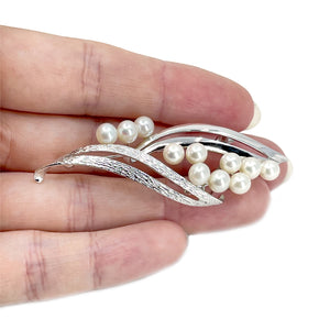 Mid Century Brushed Japanese Saltwater Akoya Vintage Cultured Pearl Brooch- Sterling Silver
