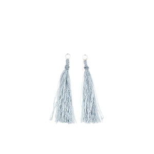 Kumihimo Braided Light Gray Natural Silk Tassel Boho Pierced Earring Enhancer- Sterling Silver 2 1/4 Inch