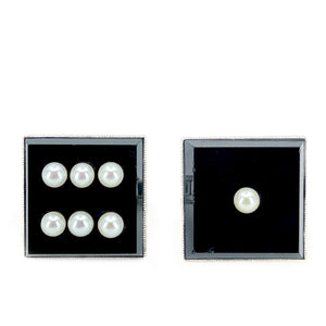 Black Dice Lucky Mid Century Modern Japanese Akoya Pearl Onyx Cufflinks- Sterling Silver