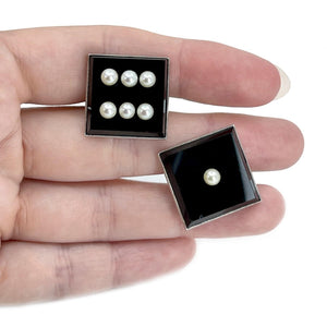 Black Dice Lucky Mid Century Modern Japanese Akoya Pearl Onyx Cufflinks- Sterling Silver