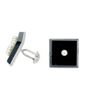 Black Dice Lucky Mid Century Modern Japanese Akoya Pearl Onyx Cufflinks- Sterling Silver