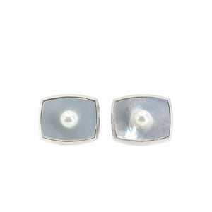 Modernist Mother of Pearl Japanese Akoya Saltwater Pearl Vintage Cufflinks- Sterling Silver
