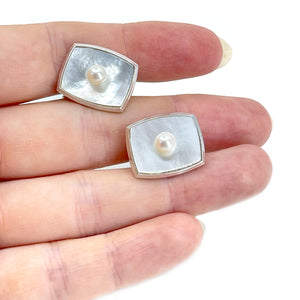 Modernist Mother of Pearl Japanese Akoya Saltwater Pearl Vintage Cufflinks- Sterling Silver