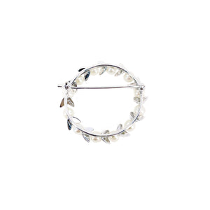 Boho Vintage Wreath Leaf Japanese Saltwater Akoya Pearl Brooch Medium Pin- Sterling Silver