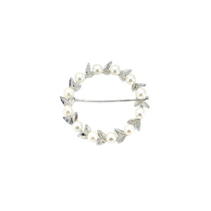 Boho Vintage Wreath Leaf Japanese Saltwater Akoya Pearl Brooch Medium Pin- Sterling Silver