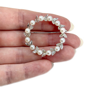 Boho Vintage Wreath Leaf Japanese Saltwater Akoya Pearl Brooch Medium Pin- Sterling Silver