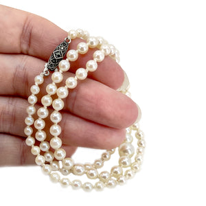 Art Deco Marcasite Japanese Saltwater Cultured Akoya Pearl Graduated Necklace - 835 Coin Silver 20.75 Inch