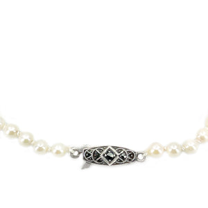 Art Deco Marcasite Japanese Saltwater Cultured Akoya Pearl Graduated Necklace - 835 Coin Silver 20.75 Inch
