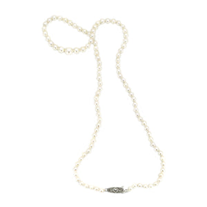 Art Deco Marcasite Japanese Saltwater Cultured Akoya Pearl Graduated Necklace - 835 Coin Silver 20.75 Inch