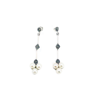 Deco Marcasite Antique Akoya Saltwater Cultured Pearl Pierced Drop Earrings- Sterling Silver
