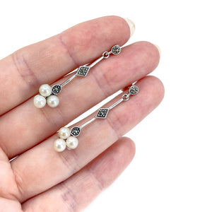 Deco Marcasite Antique Akoya Saltwater Cultured Pearl Pierced Drop Earrings- Sterling Silver