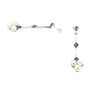 Deco Marcasite Antique Akoya Saltwater Cultured Pearl Pierced Drop Earrings- Sterling Silver