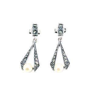 Marcasite Antique Akoya Saltwater Cultured Pearl Pierced Drop Earrings- Sterling Silver